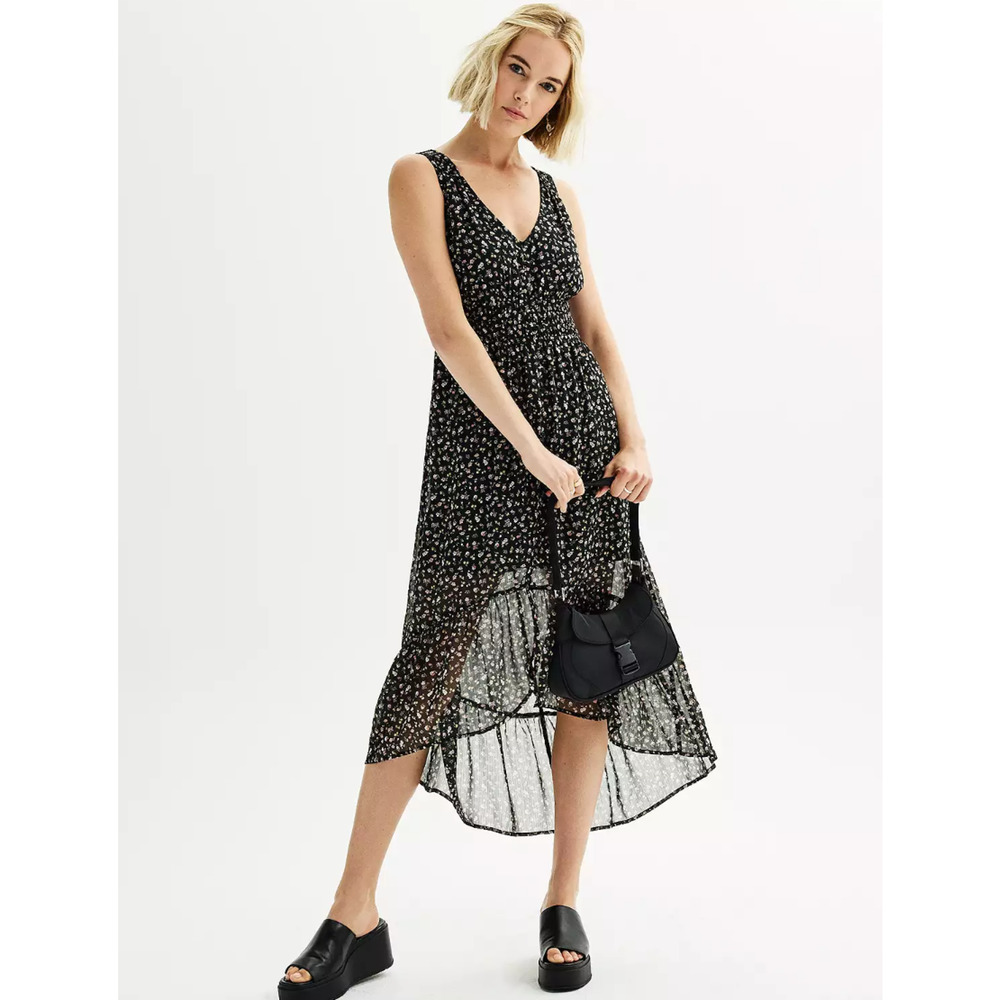 Rewind Button-Down High-Low Dress Black Floral Print Junior's Size Small